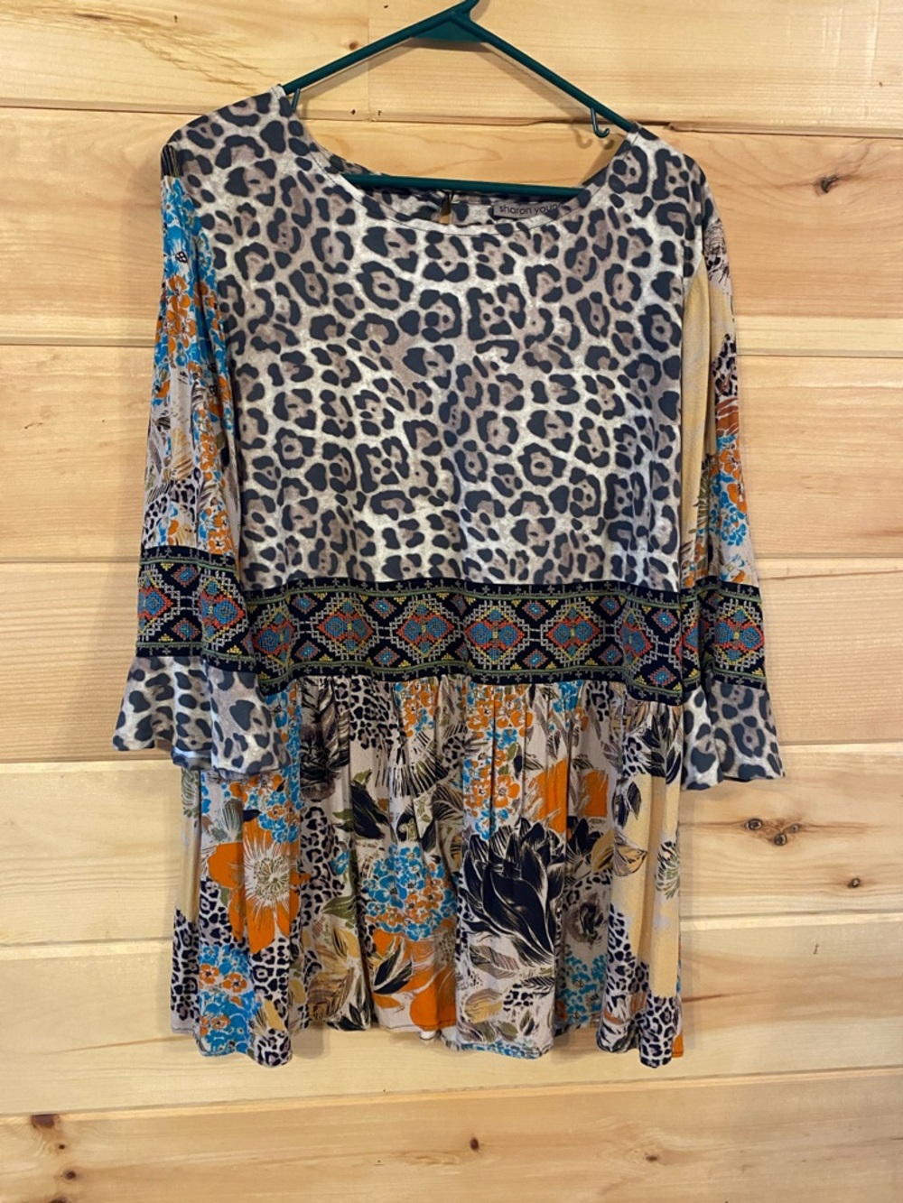 Xl Sharon Young Mixed-Print Peplum Tunic - Tan, Blue, Orange $15